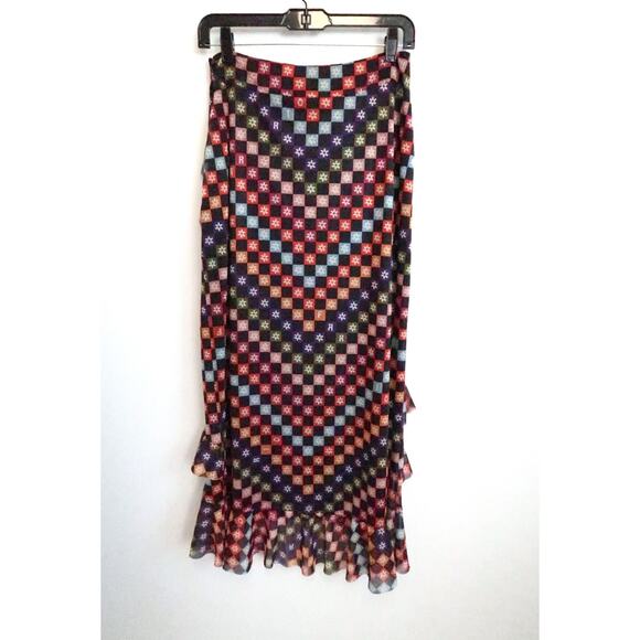 FARM RIO Mesh Check Midi Maxi Ruffle Tiered Skirt Anthropologie S NWT $160 - Picture 9 of 11